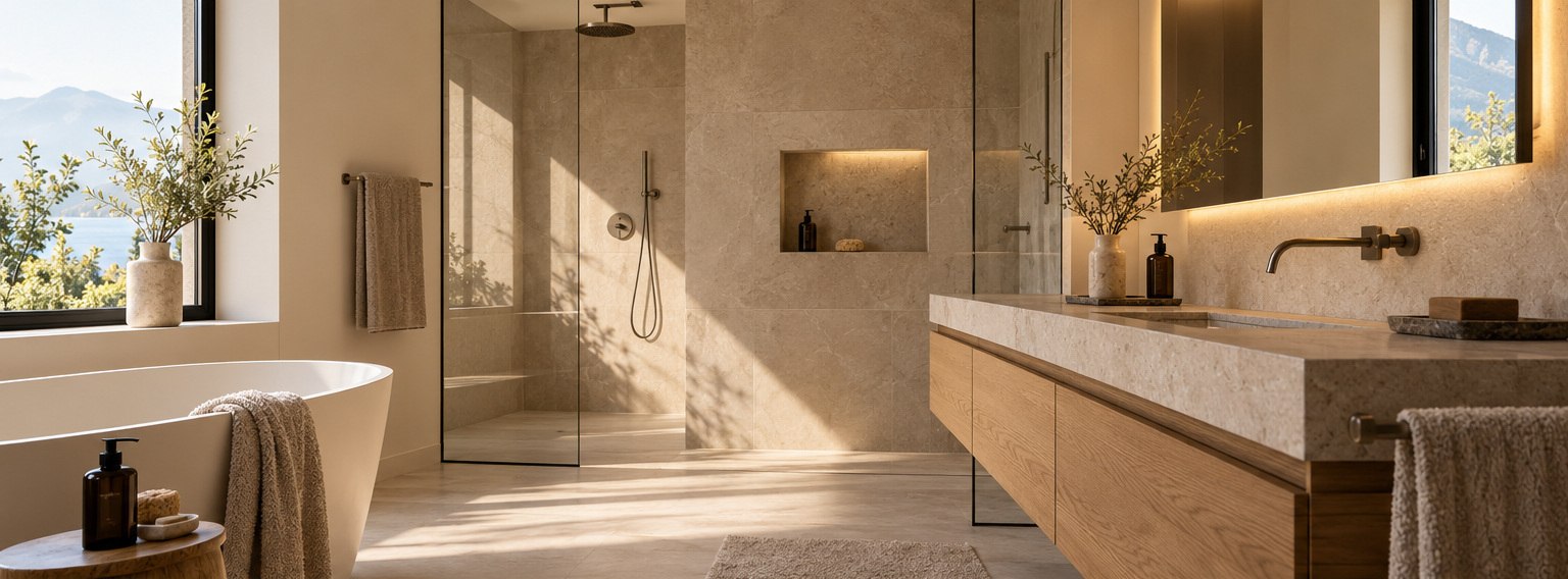 Modernes Badezimmer mit großzügiger Dusche, warmen Naturmaterialien und Tageslicht.