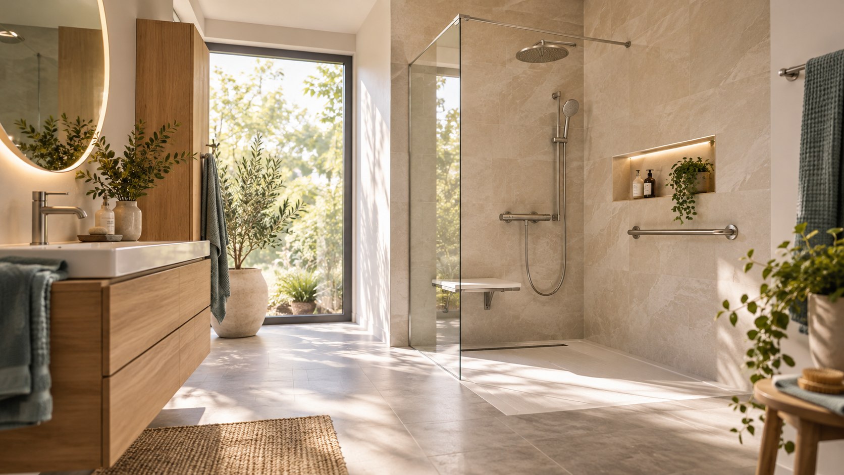 Badinspiration mit bodengleicher Dusche, Waschplatz, warmen Naturmaterialien und Tageslicht.